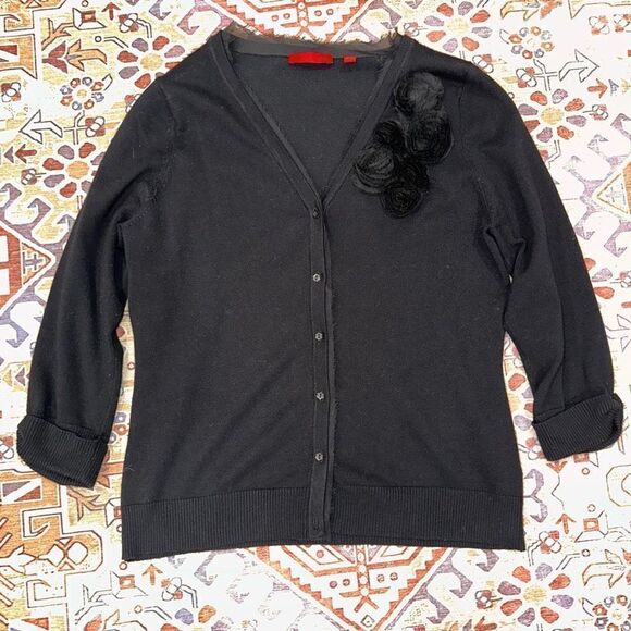 Red Women’s button down Black Eye Lash Sheer Lace Black Cardigan Large applique - Picture 1 of 12